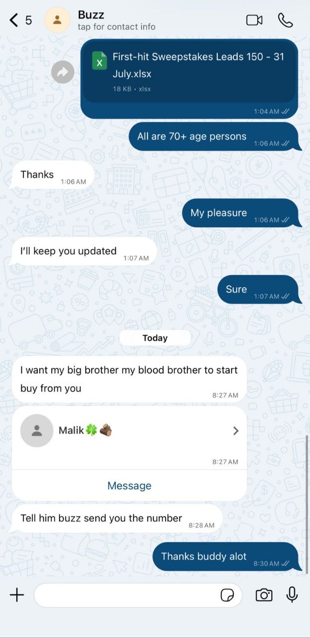 Client feedback screenshot from a WhatsApp conversation about a lead file