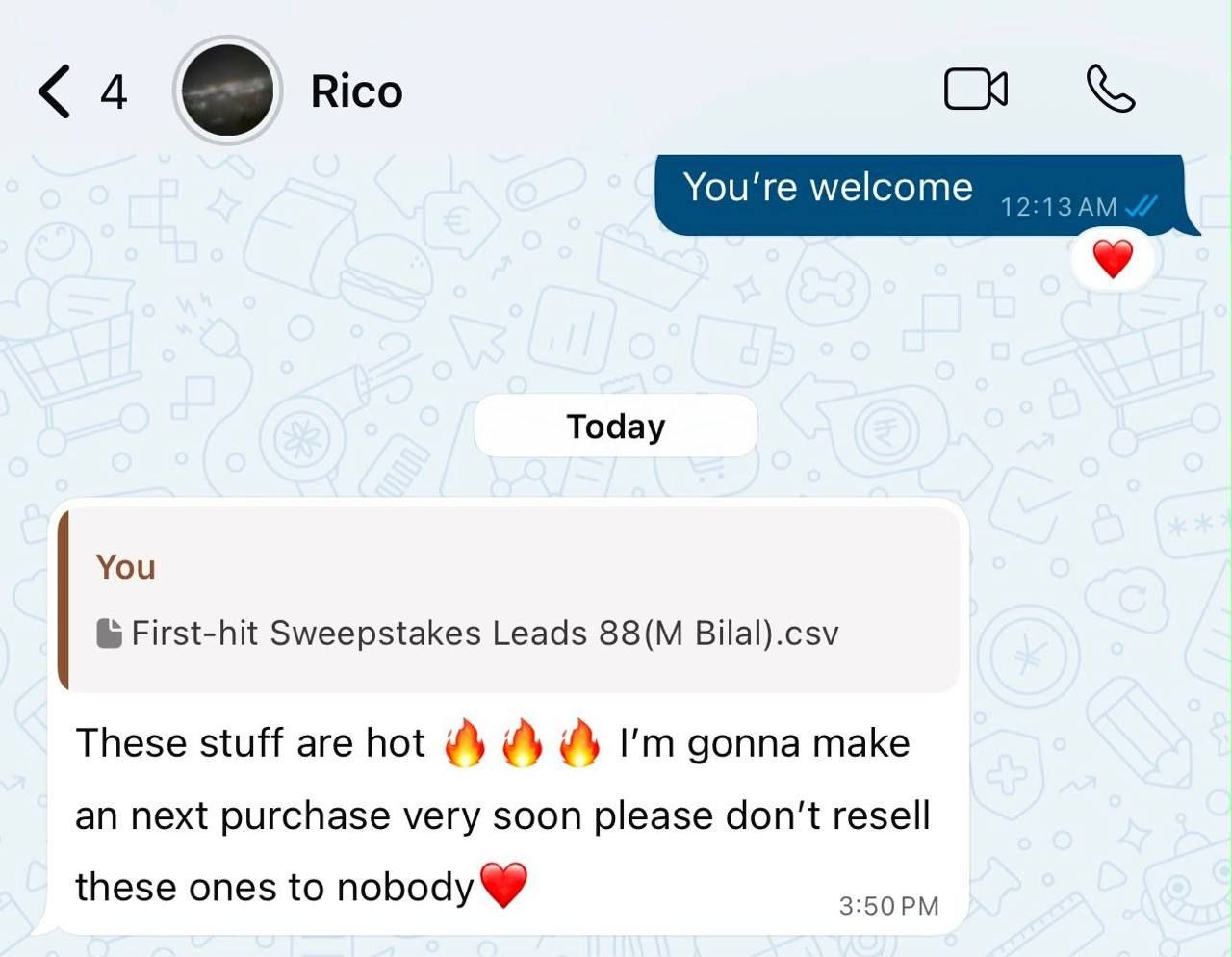 Client feedback screenshot about a sweepstakes lead file purchase