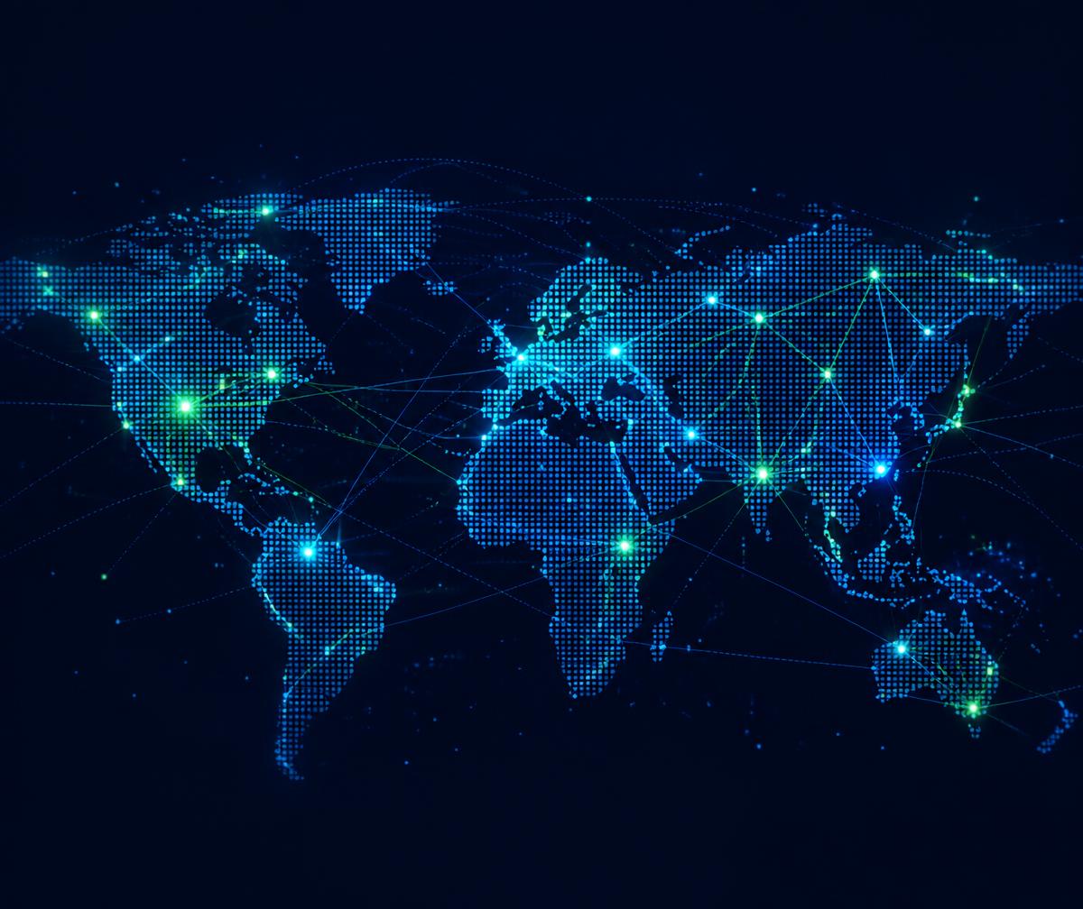 Digital world map showing targeted lead data network connections